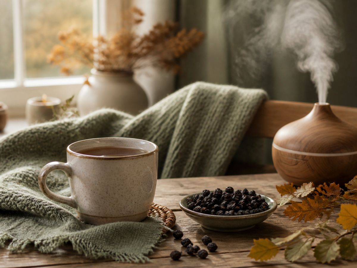 A cosy morning scene with tea, diffuser, and elderberries
