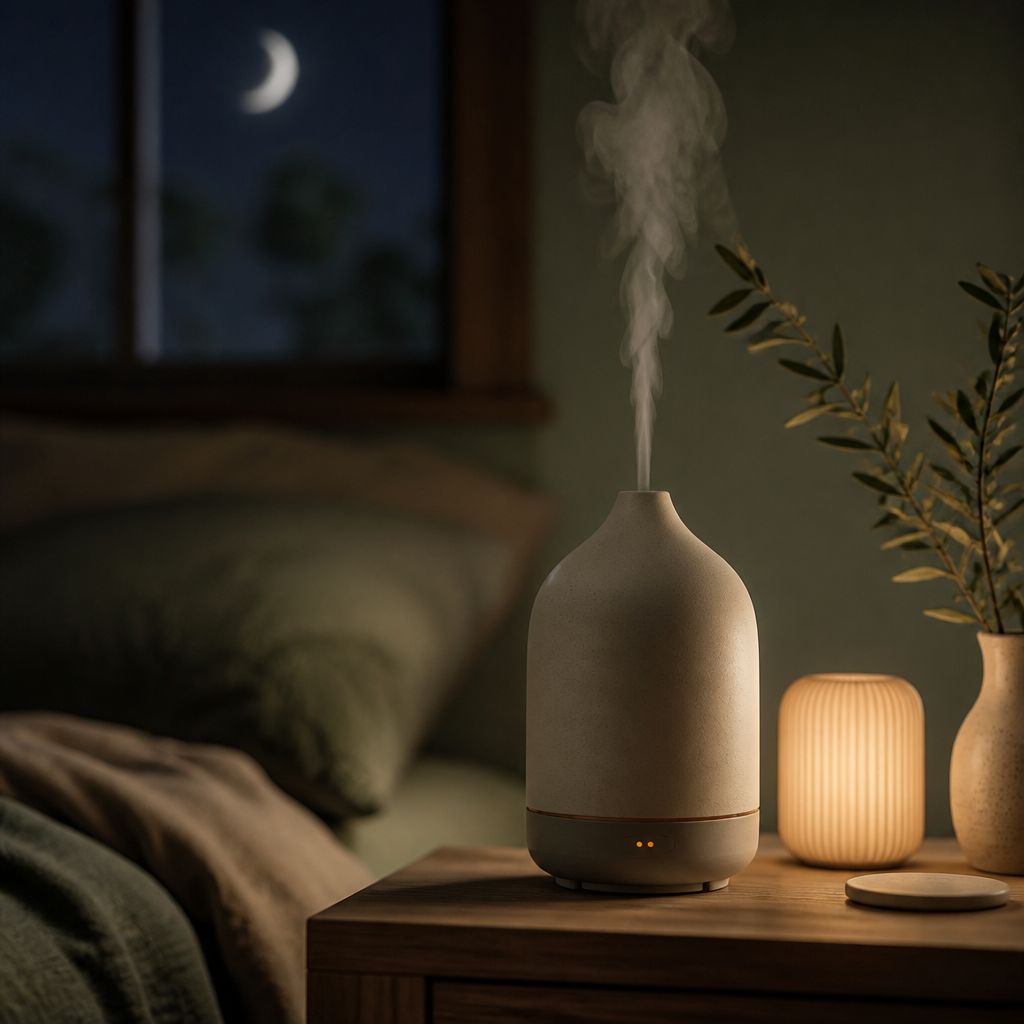 Diffuser releasing mist at night on a bedside table