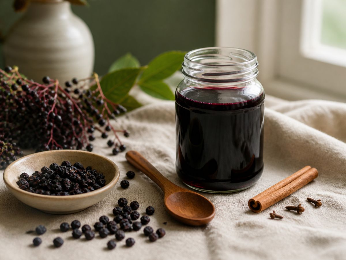 A jar of homemade elderberry syrup with berries, cinnamon, and cloves