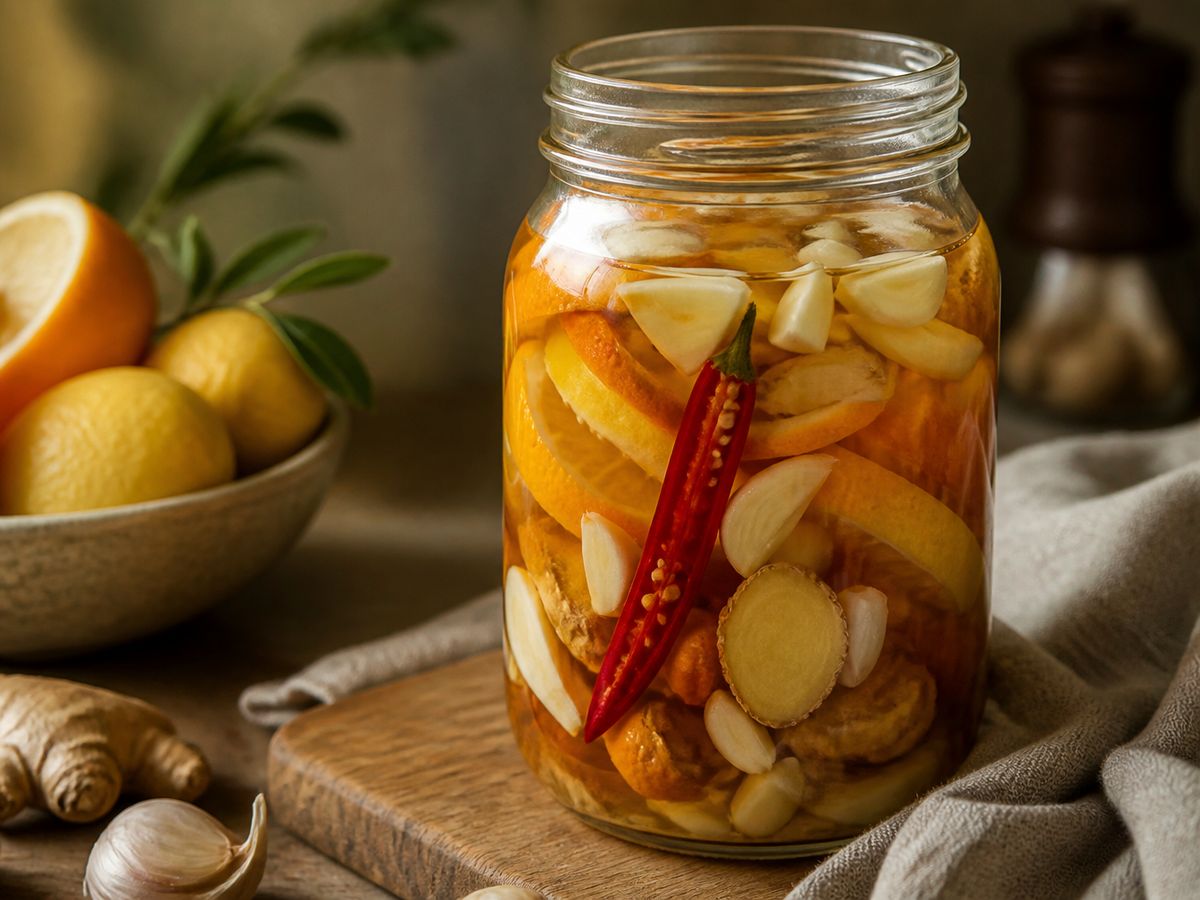 A jar of fire cider steeping with garlic, ginger, citrus, and chili
