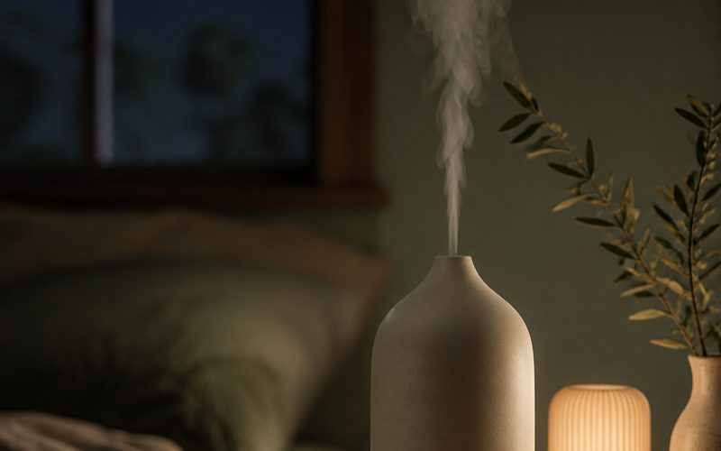 Diffuser releasing mist at night — Still Earth Living bedtime oils guide